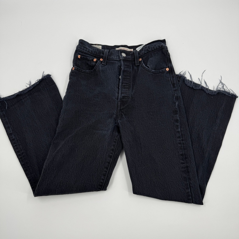 Levis Ribcage Crop Flare Jeans Womens Black Button Fly Size 25 Big E Premium